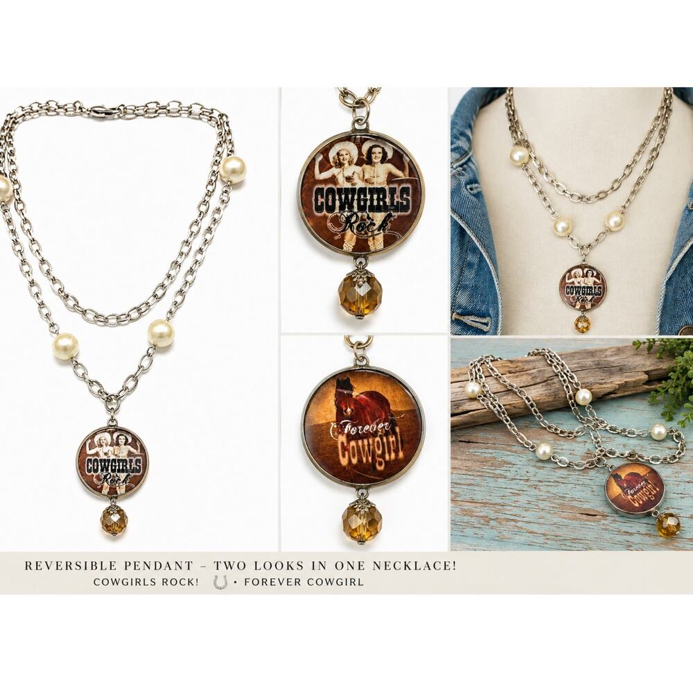Cowgirls Rock Reversible Necklace Horse Pin Up Western Rodeo Pearl Statement